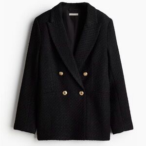 H&M Black Double-Breasted Bouclé Blazer with Gold Buttons